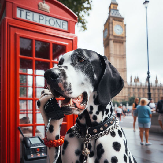 Dalmata hablando por telefono en una cabina en Londres